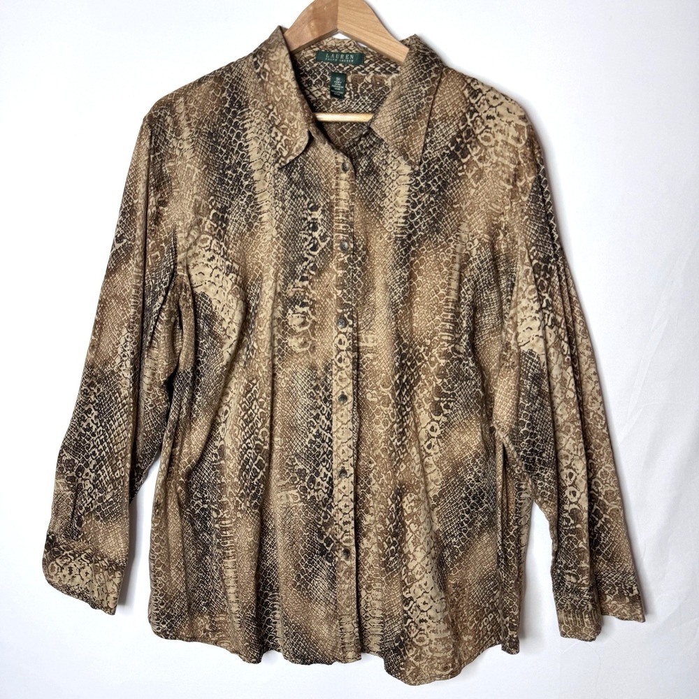 Lauren Ralph Lauren Tunic‎ Top 3X Button 100% Cotton Print 3XL Animal Long Slv